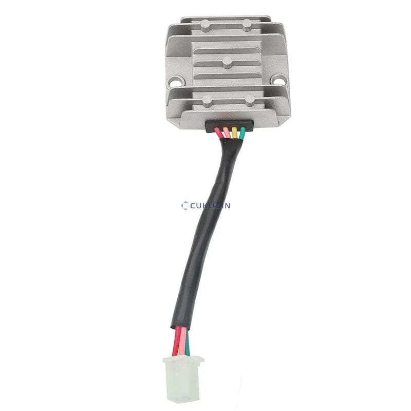 Silver finned regulator rectifier with a covered lead and white connector