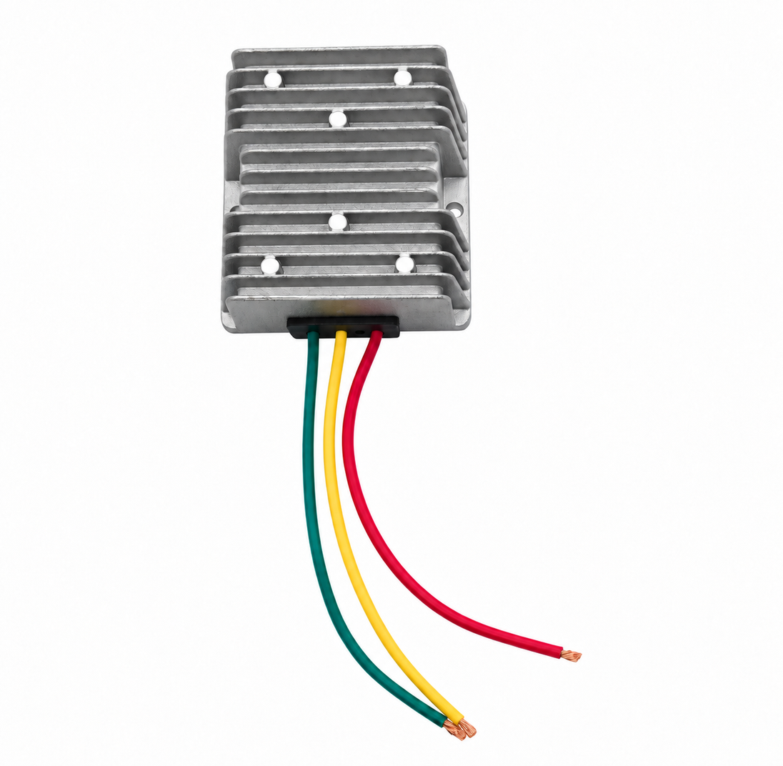 Silver rectangular DC voltage regulator with three output wires: green, yellow and red.