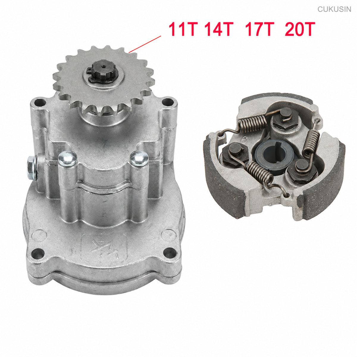 49cc mini motorcycle reduction gearbox aluminum clutch assembly, compatible with 43cc 47cc 49cc 2-stroke engines — CUKUSIN logo image