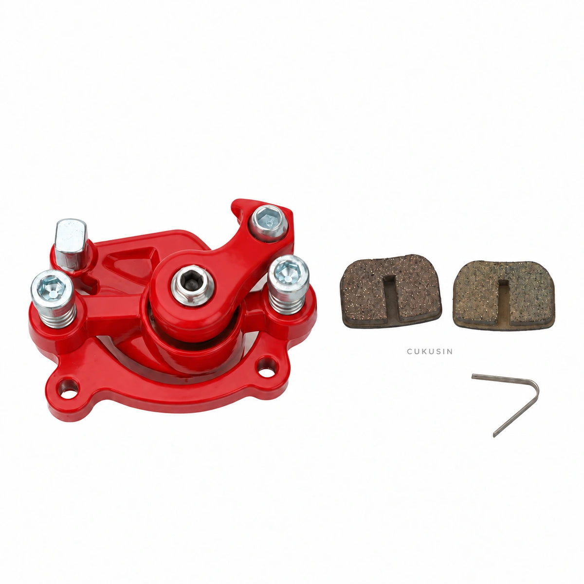 Red mechanical disc brake caliper with brake pads, mini motorcycle dirt bike atv electric vehicle disc brake lower pump caliper — CUKUSIN logo image