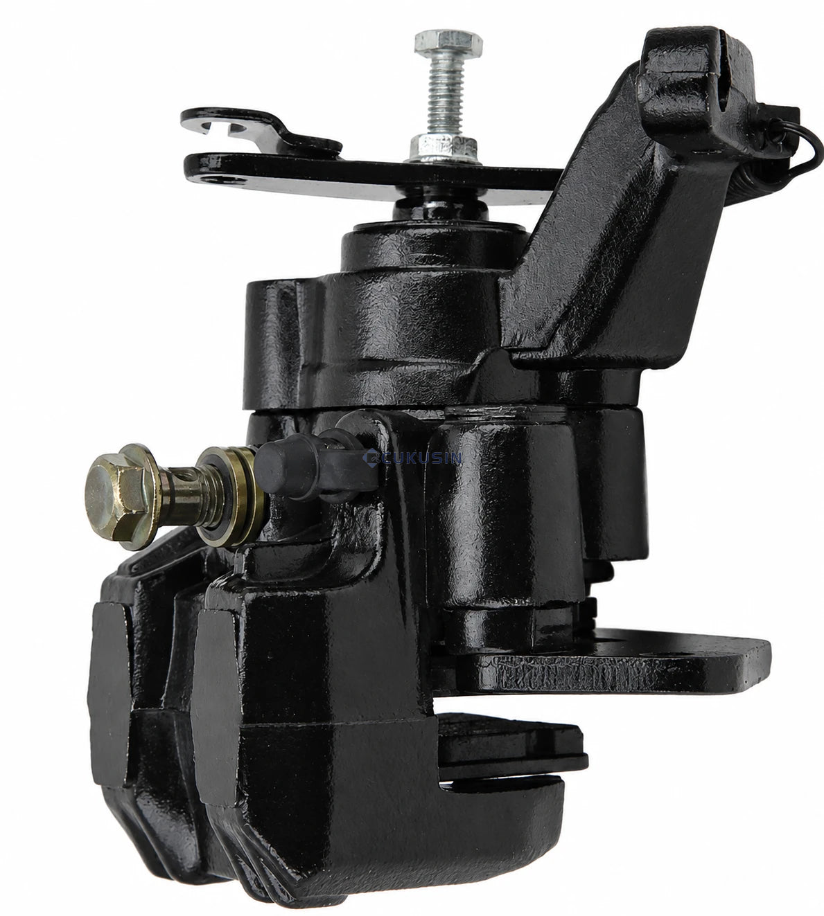 Universal motorcycle/kart rear brake caliper with brake pads, fits 150cc, 200cc, and 250cc engines — CUKUSIN logo image