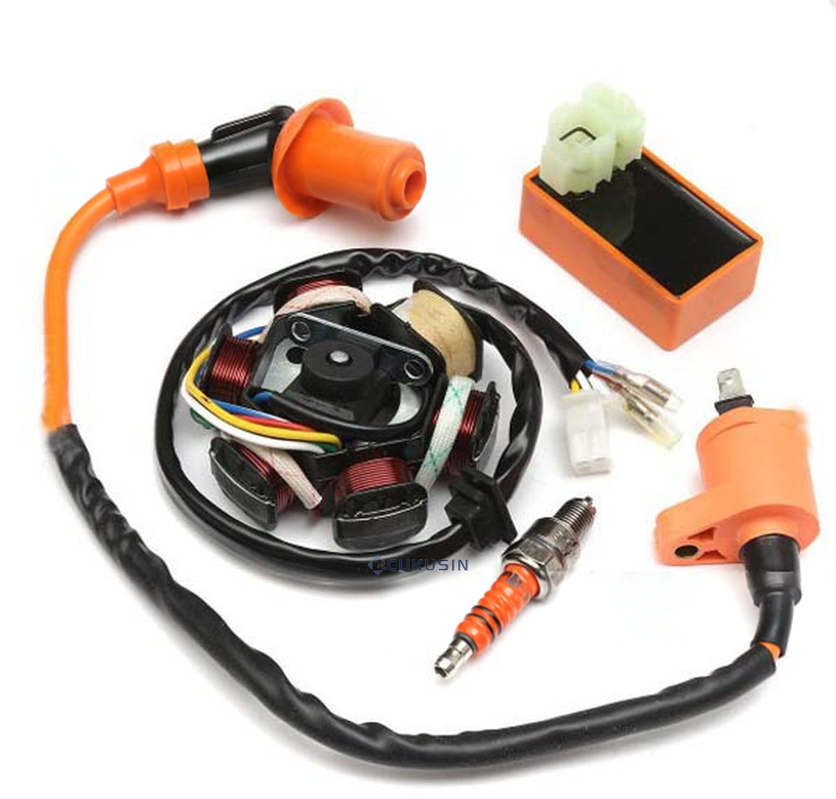 Gy6 150cc motorcycle ignition coil cdi high voltage kit with spark plug and magneto stator — CUKUSIN logo image