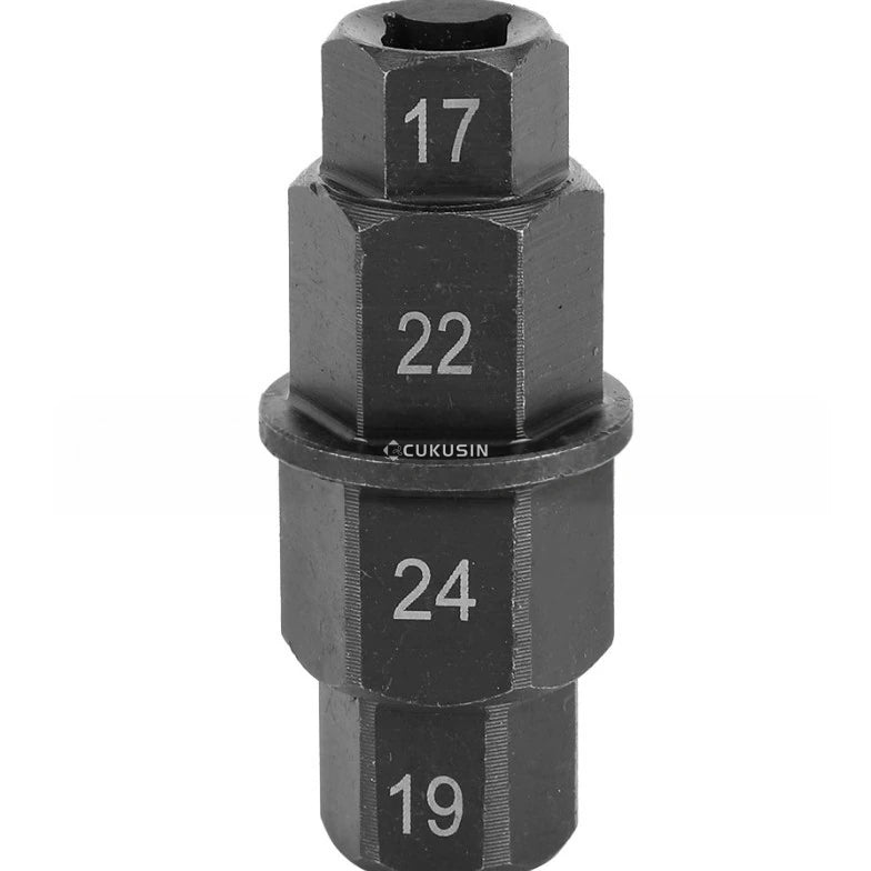 Automotive & motorcycle repair tool - front wheel axle removal wrench - 17, 19, 22, 24mm integrated hex socket set — CUKUSIN logo image