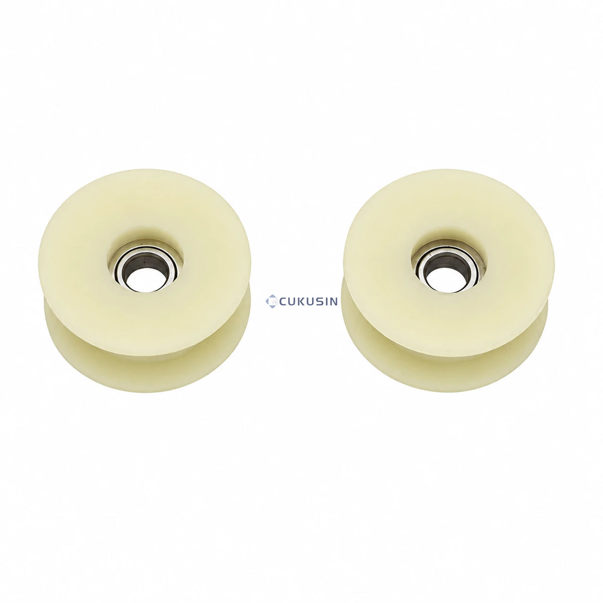Two tensioner pulleys suitable for 49cc, 60cc, 66cc, and 80cc two-stroke engine single-way nylon pulleys — CUKUSIN logo image
