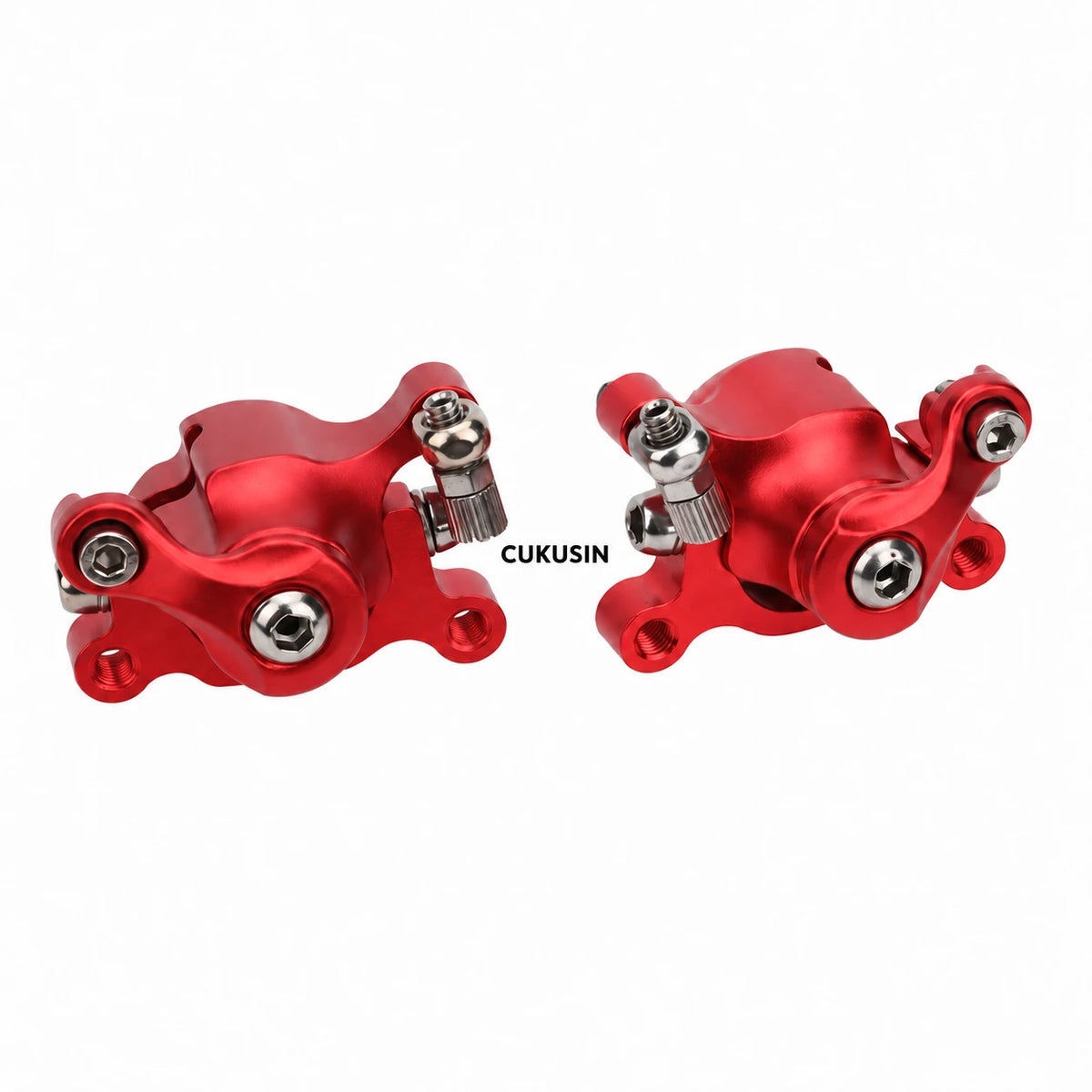 A set of front and rear aluminum alloy disc brake calipers suitable for electric scooters and off-road motorcycles — CUKUSIN logo image