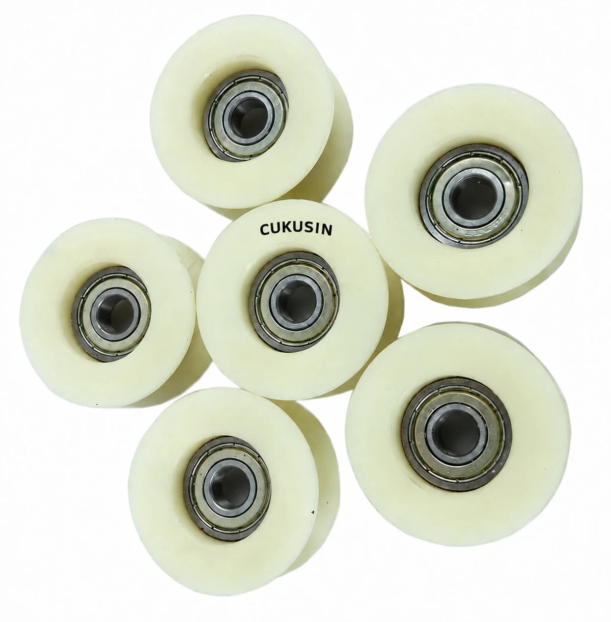 6 tensioner pulleys suitable for 49cc, 60cc, 66cc, and 80cc two-stroke engines, featuring one-way nylon wheels — CUKUSIN logo image