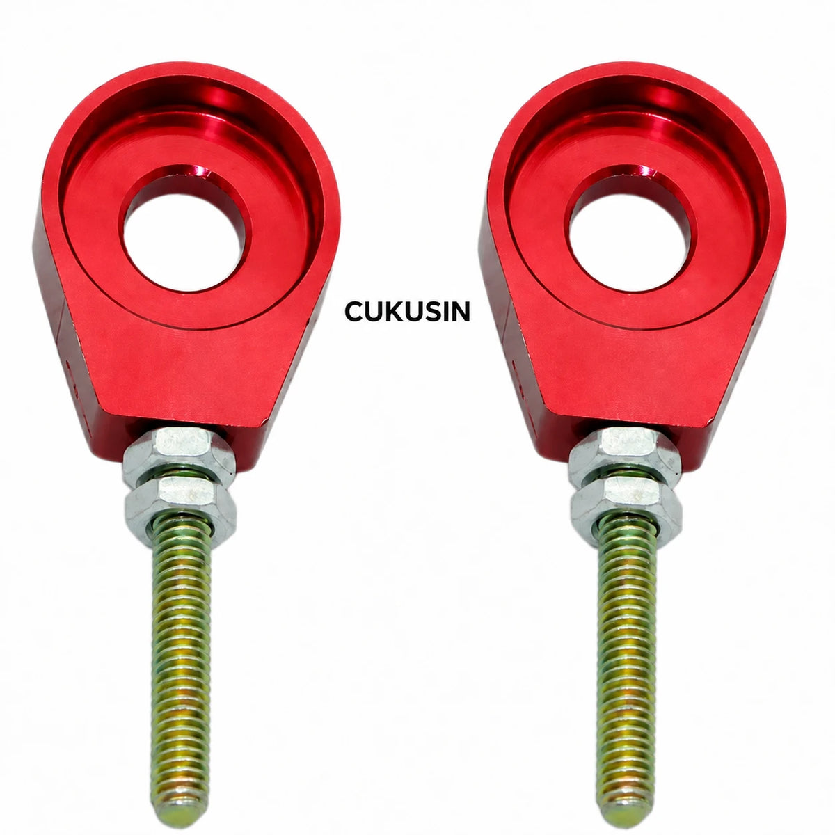A pair of 12mm red 0kg chain adjusters motorcycle chain adjuster tensioner blocks — CUKUSIN logo image
